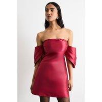 Warehouse Women's Structured Puff Sleeve Bardot Mini Dress in Dark Red | Size: 16