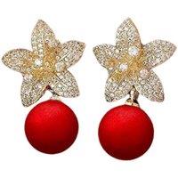Lovii Women's Elegant Floral Zircon Earrings with Red Bead Drop | Size: Standard