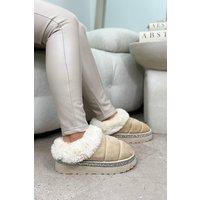 Love Lemonade Women's Crystal Trim Faux Fur Soft Touch Slippers in Nude | Size: 7