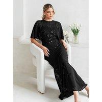 Maya Deluxe Women's Floral Embellished Angel Sleeve Maxi Dress in Black | Size: 10