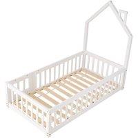 Living and Home House-Shaped Headboard Floor Bed Frame with Guardrails in White