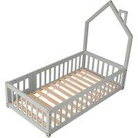 Living and Home House-Shaped Headboard Floor Bed Frame with Guardrails in Grey
