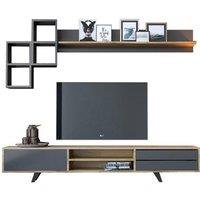 EVUHOME Malmo Tv Entertainment Cabinet With Large Wall Shelf / Oak, Anthracite in Grey