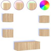 Berkfield Home 5 Piece TV Wall Cabinets with LED Lights Sonoma Oak in Light Tan