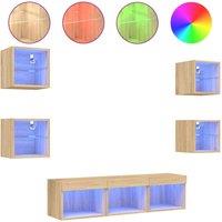 Berkfield Home 7 Piece TV Wall Units with LED Sonoma Oak Engineered Wood in Tan