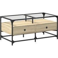 Berkfield Home Coffee Table with Glass Top Sonoma Oak 98.5x50x45 cm Steel in Natural