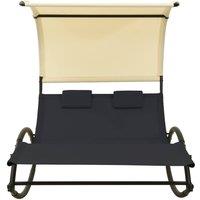 Berkfield Home Double Sun Lounger with Canopy Textilene Black & Cream