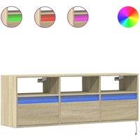 Berkfield Home TV Wall Cabinet with LED Lights Sonoma Oak 130x31x45 cm in Light Brown | Size: 130 x 31 x 45 cm