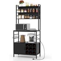 Gymax Bakers Rack Bar Cabinet Microwave Stand With Power Outlet Metal Frame in Black