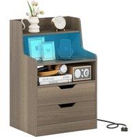 Costway LED Nightstand w/ Charging Station & 2 Drawers Wooden Bedside Table in Grey