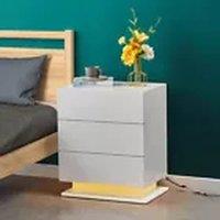 EONLION Bedside Table Cabinets Nightstand LED Light Chest of 3 Drawers in White
