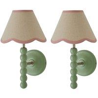 ValueLights Bobbins Pair of Green Wall Lights & Linen Pastel Trim Lamp Shades in Pale Pink