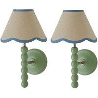 ValueLights Bobbins Pair of Green Wall Lights & Linen Trim Lamp Shades & Bulbs in Pale Blue