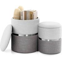 Gymax 2 Pack Linen Fabric Ottoman Round Ottoman Vanity Stool Chair Footstool in Beige