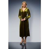 Oasis Women's Velvet Lace Trim Button Through Midi Dress in Olive | Size: 8