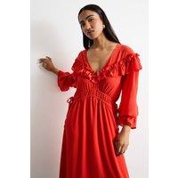 Warehouse Women's Ruffle Shoulder Detail V Neck Boho Maxi Dress in Red | Size: 10