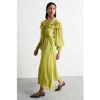 Warehouse Women's Ruffle Shoulder Detail V Neck Boho Maxi Dress in Chartreuse | Size: 10