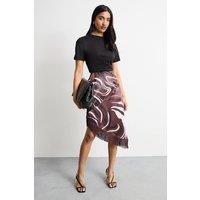 Warehouse Women's Abstract Printed Satin Fringed Midi Skirt in Chocolate | Size: 14