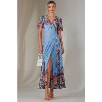 Jolie Moi Women's Mirror Print Mesh Wrap Maxi Dress in Blue | Size: 12