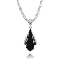 Gemondo Women's Art Deco Style Black Onyx & Marcasite Fan Drop Pendant in 925 Sterling Silver | Size: 18 inches
