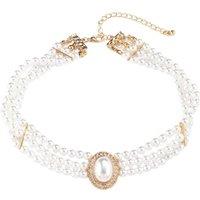 Lovii Women's Vintage Double-Layer Pearl Choker with Oval Pendant in White | Size: Standard