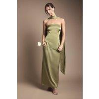 Oasis Women's Bandeau Satin Bridesmaid Maxi Dress With Scarf in Olive | Size: 12
