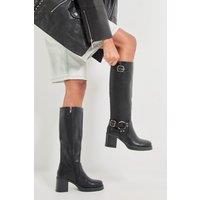 Faith Women's : Cleo Faux Leather High Block Heel Knee High Biker Boots in Black | Size: 4
