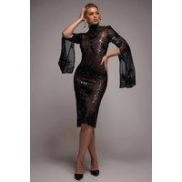 Goddiva Women's Sequin Starburst Cape Sleeve Midi Dress in Black | Size: 8