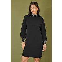 Yumi Women's Black Pearl Detail Knitted Relaxed Jumper Dress | Size: Medium