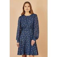 Yumi Women's Navy Star Print Foil Long Sleeve Dress | Size: 14