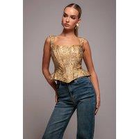 Goddiva Women's Sleeveless Jacquard Lace Up Back Corset in Gold | Size: 8