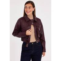 Quiz Women's Burgundy Faux Leather Cropped Bomber Jacket | Size: Small