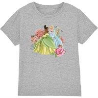 Disney Princess Girl's Tiana & Cinderella In The Garden T-Shirt Light Grey | Size: 5-6 Years