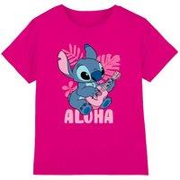 Disney Girl's Lilo & Stitch Palm Beach Aloha Kids T-Shirt, Fuchsia in Bright Pink | Size: 7-8 Years