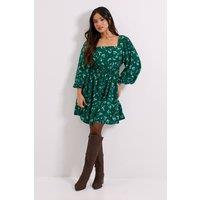 Dorothy Perkins Women's Petite Green Ditsy Square Neck Blouson Sleeve Tie Back Mini Dress | Size: 6