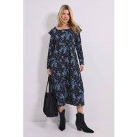 Dorothy Perkins Women's Floral Square Neck Ruffle Shoulder Jersey Midi Dress in Blue | Size: 10