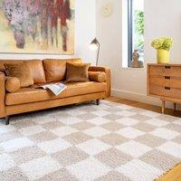 Kukoon Beige Shaggy Checkerboard Checked Living Room Area Rug | Size: 160 cm x 230 cm