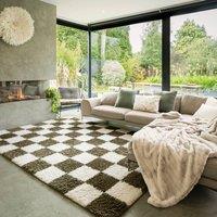 Kukoon Green Beige Shaggy Checkerboard Checked Living Room Area Rug | Size: 280 cm x 380 cm