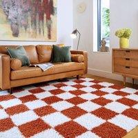 Kukoon Terracotta Beige Shaggy Checkerboard Checked Living Room Area Rug | Size: 200 cm x 290 cm