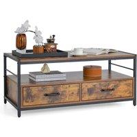 Gymax Industrial Coffee Table Wooden Center Table With 2 Drawers Open Shelf in Brown