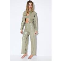 MissPap Women's Woven Detail Faux Leather Trouser in Olive | Size: 8