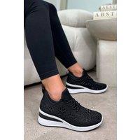 Love Lemonade Women's Crystal Stretch Sock Comfort Wedge Trainers in Black | Size: 4