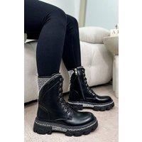 Love Lemonade Women's Crystal Chunky Glam Warrior Biker Boots in Black | Size: 3