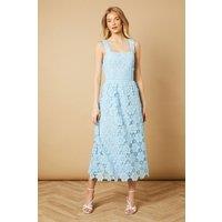 Oasis Women's Floral Lace Detail Square Neck Midi Dress in Sky Blue | Size: 14