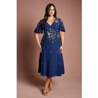 Coast Women's Plus Floral Embellished Flutter Sleeve Midi Dress in Navy | Size: 20
