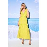 Warehouse Women's HCD Chiffon Fringe Trim Cut Out Maxi Dress in Chartreuse | Size: 8