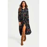 FS Collection Women's Floral Print Shirt Midi Dress With Tie Waist In Black | Size: Large