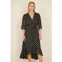 Yumi Women's Black Foil Print Wrap Over Dip Hem Midi Dress | Size: 10