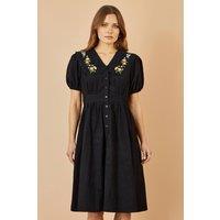 Yumi Women's Black Embroidered Collar Cord Tea Dress | Size: 10