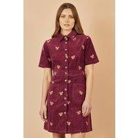 Yumi Women's Burgundy Cord Shirt Dress With All Over Squirrel Embroidery | Size: 10